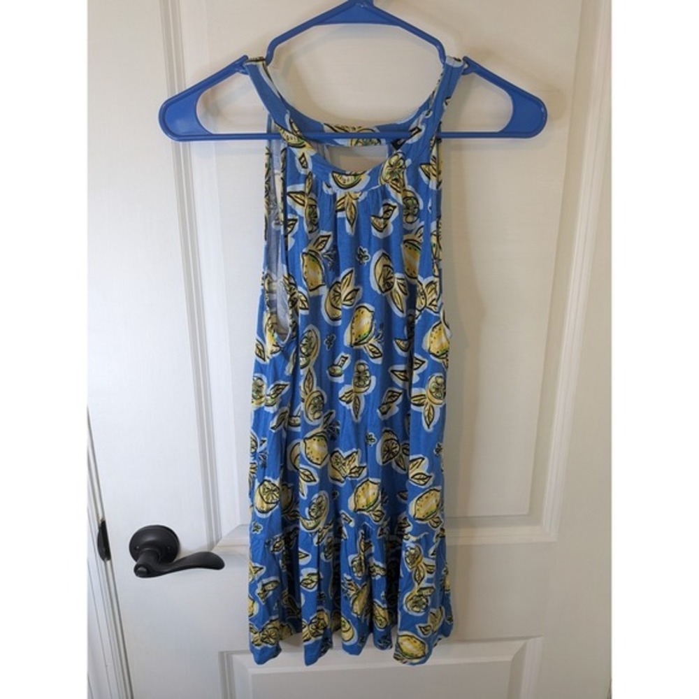 Cable & Gauge Womens Blue Lemon Print Ruffle Hem Tunic Tank Top Medium